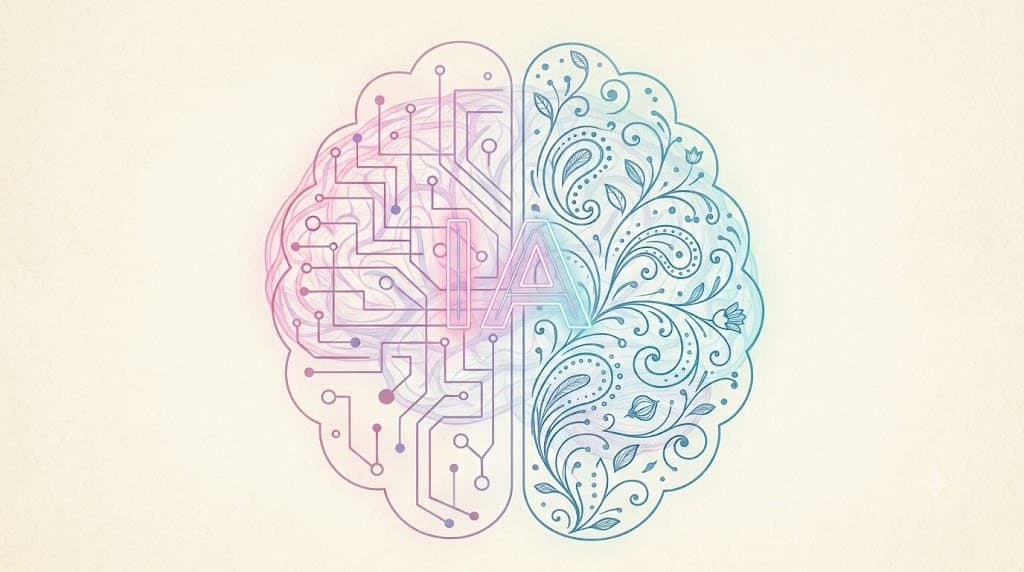 Un cerebro dibujado a línea, mitad circuitos y mitad flores